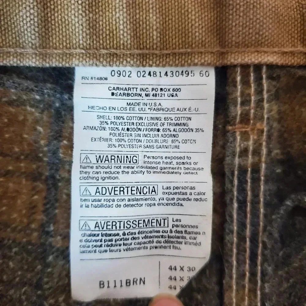 Carhartt Mens 44x30 Vintage B11 Brown Flannel Lined Carpenter Canvas Pants
